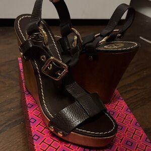 Tory Burch Black and Brown Leather Wedges